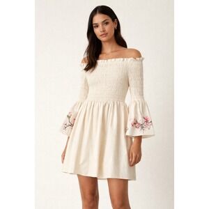 Ted Baker London Smocked Off Shoulder Embroidered Dress Ivory Floral‎ Ted 2 US 6